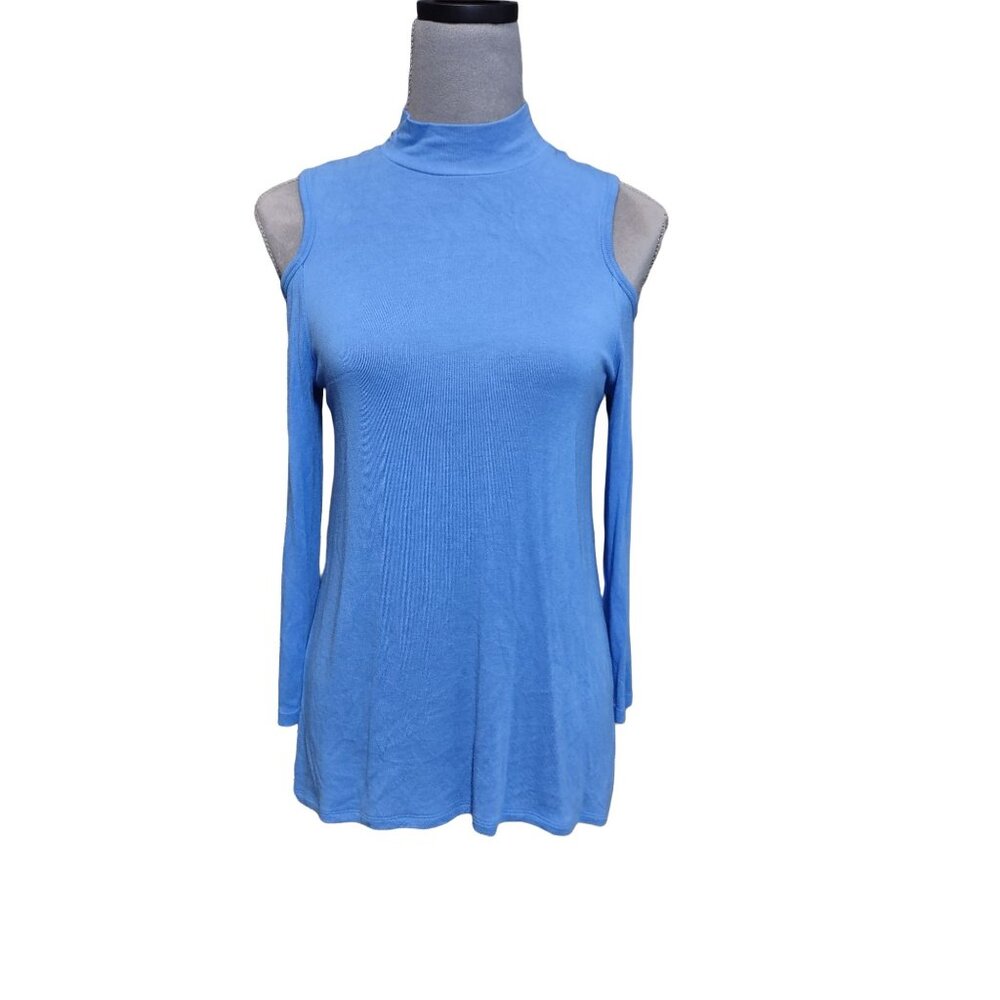 Kaari Blue Top Mock Neck Could Shoulder Blue Knit Stretch Soft Shirt Womens XS